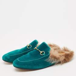 Gucci Blue Velvet and Fur Horsebit Princetown Flat Mules Size 40
