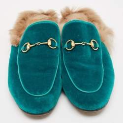 Gucci Blue Velvet and Fur Horsebit Princetown Flat Mules Size 40