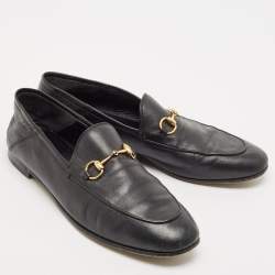 Pre Owned Gucci Black Leather Jordaan Horsebit Slip On Loafers Size 39.5