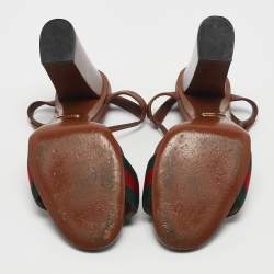 Gucci Brown Leather Web Horsebit Ankle Strap Block Heel Sandals Size 38.5