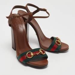 Gucci Brown Leather Web Horsebit Ankle Strap Block Heel Sandals Size 38.5