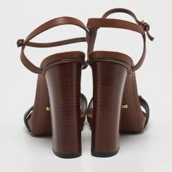 Gucci Brown Leather Web Horsebit Ankle Strap Block Heel Sandals Size 38.5