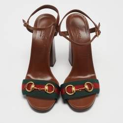 Gucci Brown Leather Web Horsebit Ankle Strap Block Heel Sandals Size 38.5