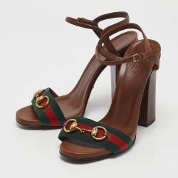 Gucci Brown Leather Web Horsebit Ankle Strap Block Heel Sandals Size 38.5