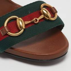 Gucci Brown Leather Web Horsebit Ankle Strap Block Heel Sandals Size 38.5