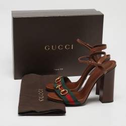 Gucci Brown Leather Web Horsebit Ankle Strap Block Heel Sandals Size 38.5