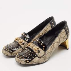 Pre Owned Gucci Beige/Black GG Supreme Canvas and Patent Leather Studded Fringe Loafer Pumps Size 38