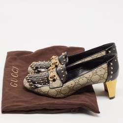 Pre Owned Gucci Beige/Black GG Supreme Canvas and Patent Leather Studded Fringe Loafer Pumps Size 38