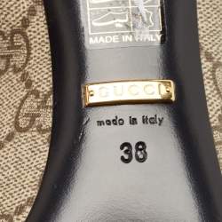 Pre Owned Gucci Beige/Black GG Supreme Canvas and Patent Leather Studded Fringe Loafer Pumps Size 38