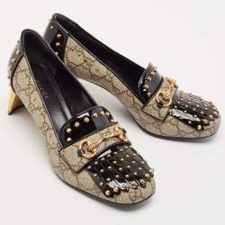 Pre Owned Gucci Beige/Black GG Supreme Canvas and Patent Leather Studded Fringe Loafer Pumps Size 38