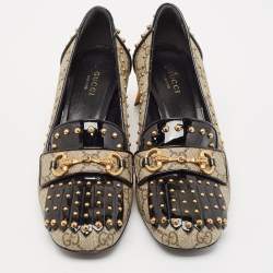 Pre Owned Gucci Beige/Black GG Supreme Canvas and Patent Leather Studded Fringe Loafer Pumps Size 38