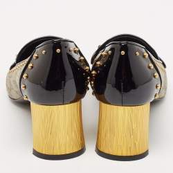 Pre Owned Gucci Beige/Black GG Supreme Canvas and Patent Leather Studded Fringe Loafer Pumps Size 38