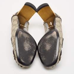 Pre Owned Gucci Beige/Black GG Supreme Canvas and Patent Leather Studded Fringe Loafer Pumps Size 38