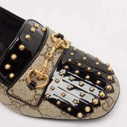 Pre Owned Gucci Beige/Black GG Supreme Canvas and Patent Leather Studded Fringe Loafer Pumps Size 38