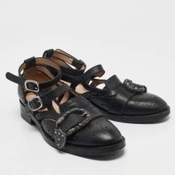 Pre Owned Gucci Black Leather Bee Embroidered Queercore  Monk Strap Loafers Size  37.5