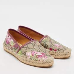 Pre Owned Gucci Beige/Brown GG Blooms Print Supreme Canvas Espadrille Flats Size 37