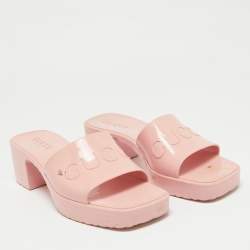 Gucci Pink Rubber Embossed Logo Slide Sandals Size 37