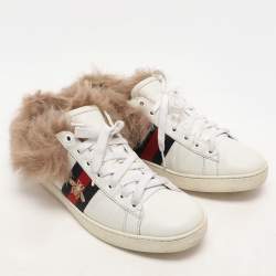Gucci White Leather Fur Lined Ace Low Top Sneakers Size 38