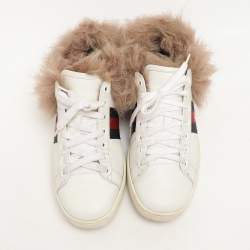 Gucci White Leather Fur Lined Ace Low Top Sneakers Size 38