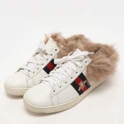Gucci White Leather Fur Lined Ace Low Top Sneakers Size 38