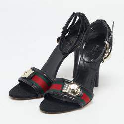 Pre Owned Gucci Black Leather And Web Ankle Strap Sandals Size 40