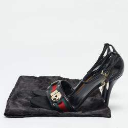Pre Owned Gucci Black Leather And Web Ankle Strap Sandals Size 40