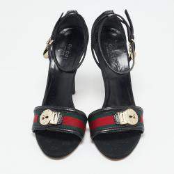Pre Owned Gucci Black Leather And Web Ankle Strap Sandals Size 40