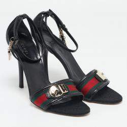 Pre Owned Gucci Black Leather And Web Ankle Strap Sandals Size 40