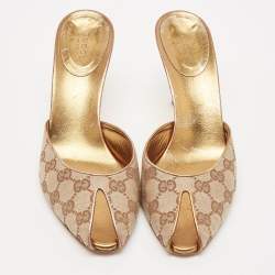 Gucci Beige GG Canvas Studded Heel Peep Toe Mules Size 39.5