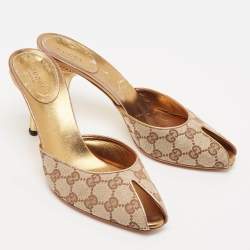 Gucci Beige GG Canvas Studded Heel Peep Toe Mules Size 39.5