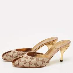Gucci Beige GG Canvas Studded Heel Peep Toe Mules Size 39.5