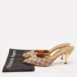 Gucci Beige GG Canvas Studded Heel Peep Toe Mules Size 39.5