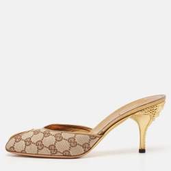 Gucci Beige GG Canvas Studded Heel Peep Toe Mules Size 39.5