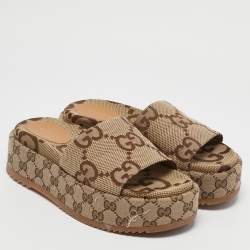 Pre Owned Gucci Beige Jumbo GG Canvas Platform Slides Size 37