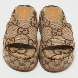 Pre Owned Gucci Beige Jumbo GG Canvas Platform Slides Size 37