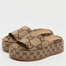 Pre Owned Gucci Beige Jumbo GG Canvas Platform Slides Size 37
