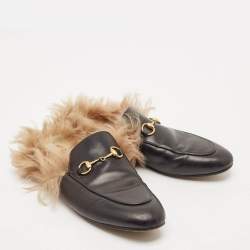 Gucci Black Leather And Fur Princetown Sandals Size 39