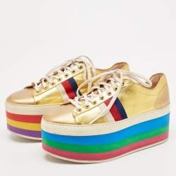 Pre Owned Gucci Metallic Gold Leather Peggy Sneakers Size 38