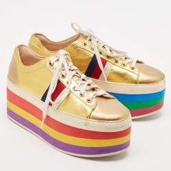 Pre Owned Gucci Metallic Gold Leather Peggy Sneakers Size 38