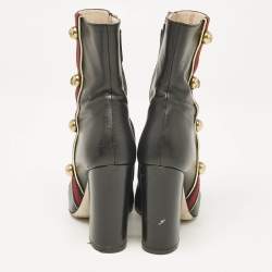 Gucci Black Leather Carly Malaga Studded Web Detail Block Heel Ankle Boots Size 37.5