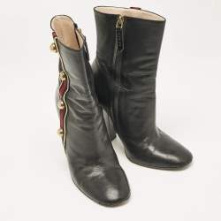 Gucci Black Leather Carly Malaga Studded Web Detail Block Heel Ankle Boots Size 37.5