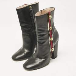 Gucci Black Leather Carly Malaga Studded Web Detail Block Heel Ankle Boots Size 37.5