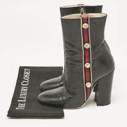 Gucci Black Leather Carly Malaga Studded Web Detail Block Heel Ankle Boots Size 37.5