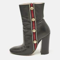 Gucci Black Leather Carly Malaga Studded Web Detail Block Heel Ankle Boots Size 37.5