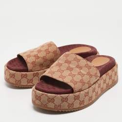 Pre Owned Gucci Beige GG Canvas Angelina Platform Slide Sandals Size 40.5