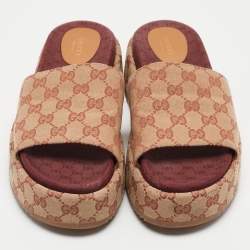 Pre Owned Gucci Beige GG Canvas Angelina Platform Slide Sandals Size 40.5