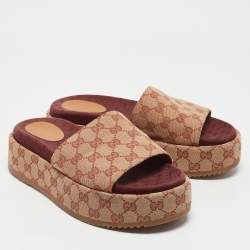 Pre Owned Gucci Beige GG Canvas Angelina Platform Slide Sandals Size 40.5