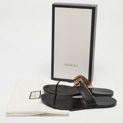 Pre Owned Gucci Black Leather GG Marmont Thong Flats Size 40