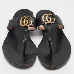 Pre Owned Gucci Black Leather GG Marmont Thong Flats Size 40