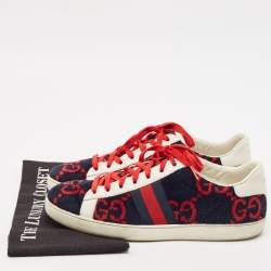 Gucci Navy Blue/White Leather and Velvet GG Ace Lace Up Sneakers Size 40